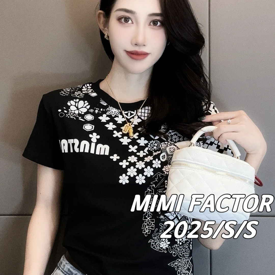 芈芈 2025新款短袖 欧货繁花印花短袖T恤女显瘦百搭上衣