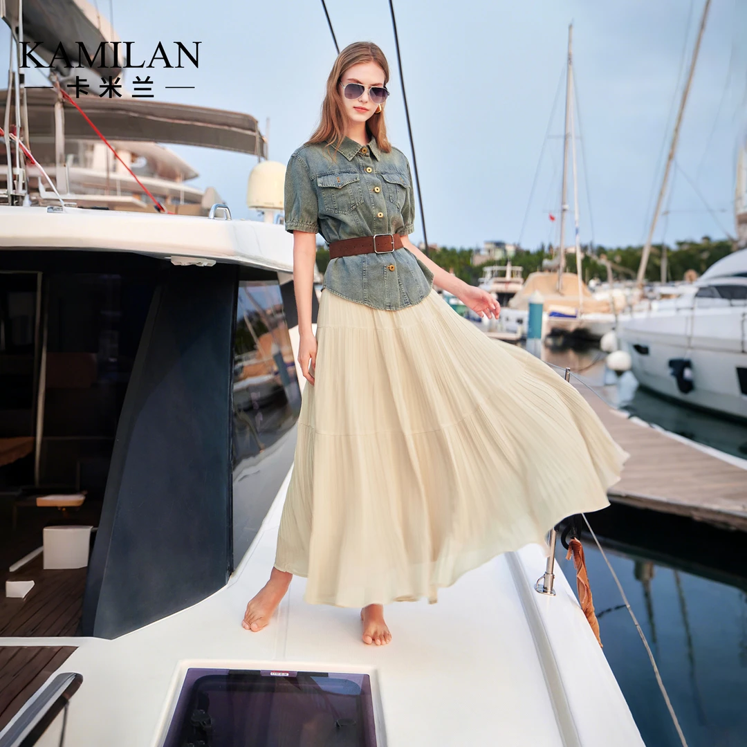 卡米兰五一穿搭一整套女2025夏新款牛仔衬衫+半身裙两件套套装