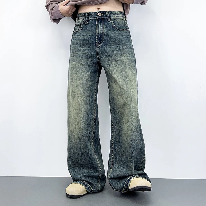 直筒牛仔裤男春秋款男装大码宽松潮牌水洗复古休闲阔腿拖地长裤子