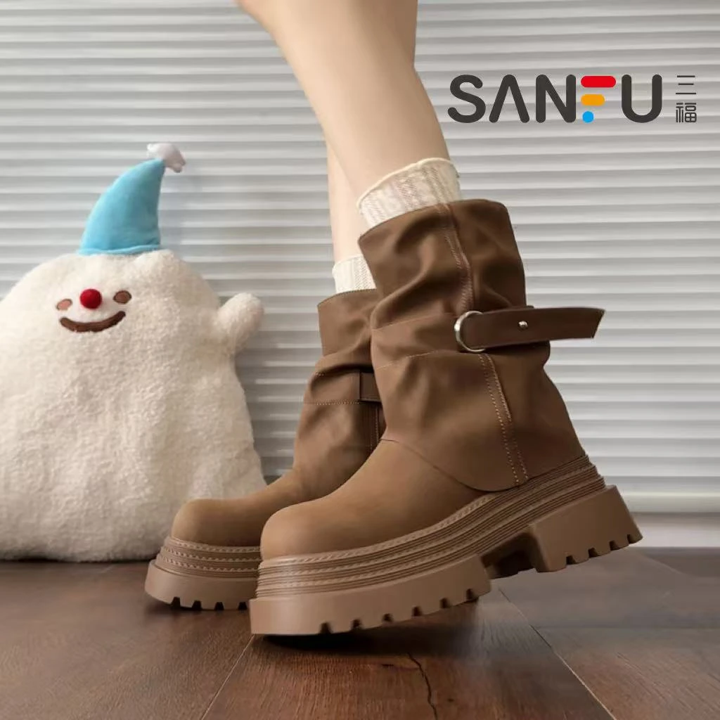 三福小众设计感裤管马丁靴子女2025年秋冬季新款厚底美拉德短筒靴