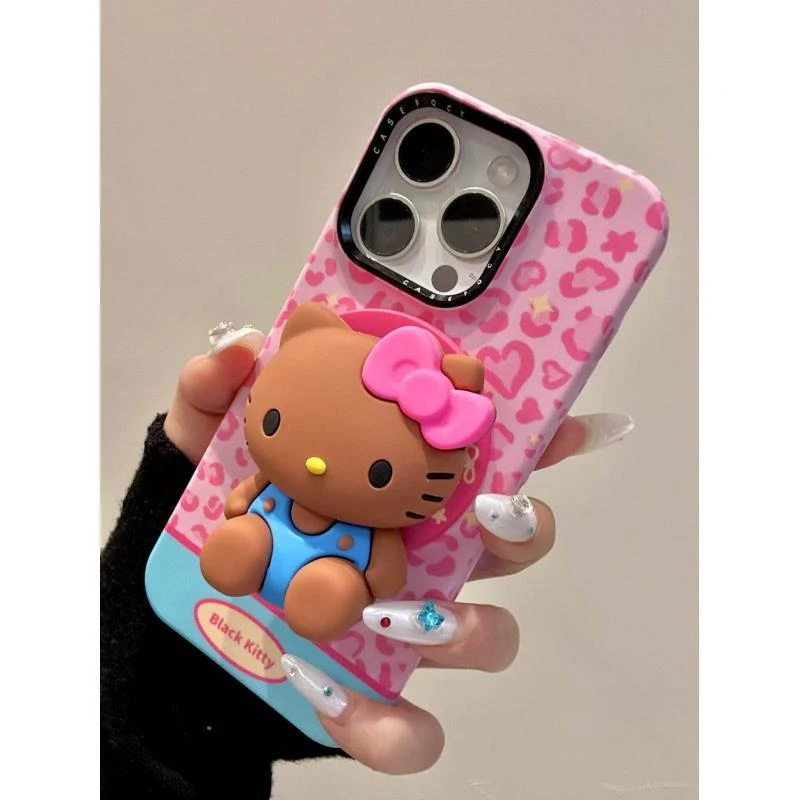 卡通少女粉豹纹黑皮可爱猫咪菲林磁吸iphone16promax苹果15手机壳