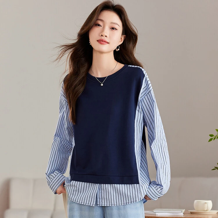 拉夏贝尔假两件条纹衬衫拼接长袖卫衣女2025早春装新款设计感上衣