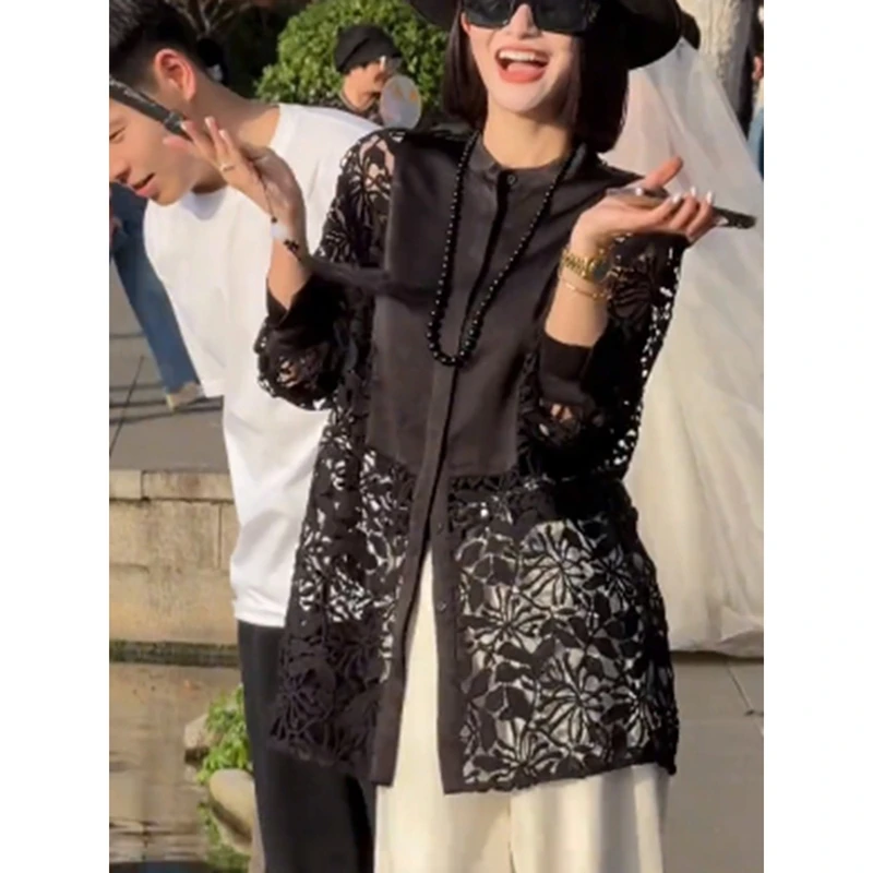 黑色蕾丝衬衫女士2025早春新款高级感减龄洋气显瘦设计感镂空上衣
