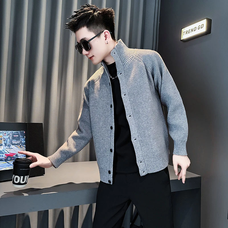 男士毛衣开衫秋冬新款男生衣服高级感痞帅上衣针织衫立领休闲外套