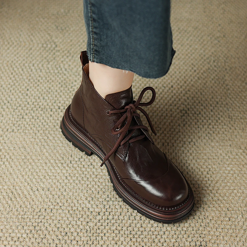 牛皮~厚底马丁靴女2025新款秋冬加绒小个子圆头靴子女短靴英伦风