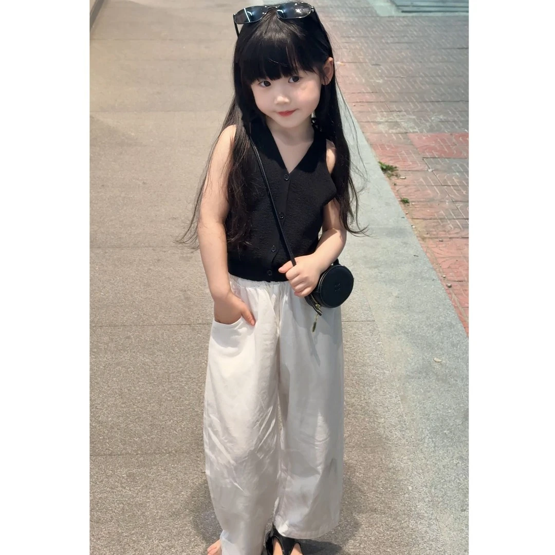 女童时髦无袖背心2025年夏季新款韩系纯色背心上衣设计感气质吊带
