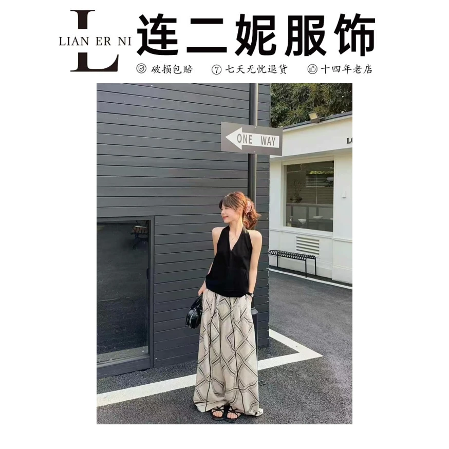 3517  欧货时尚条纹印花亚麻高腰显瘦阔腿裤-裤长103