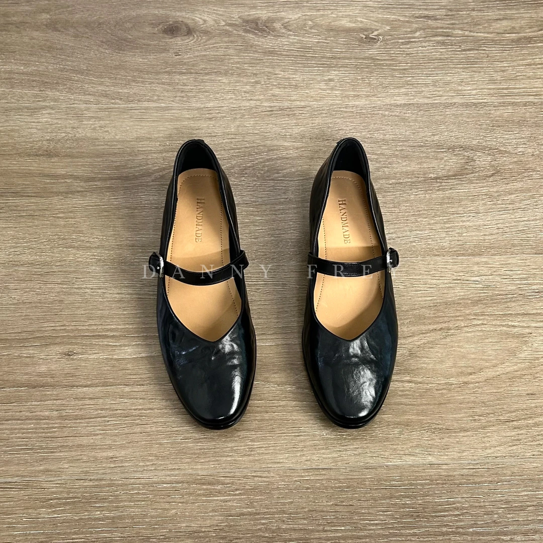 Dannyfrey简约风黑色牛头层牛皮一字带玛丽珍鞋浅口百搭通勤鞋3CM