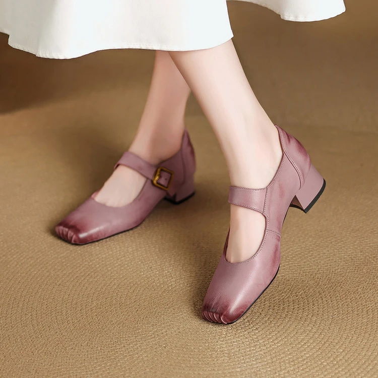 3.5cm~法式复古方头浅口单鞋女猪鼻子鞋真皮中跟小皮鞋一字带单鞋