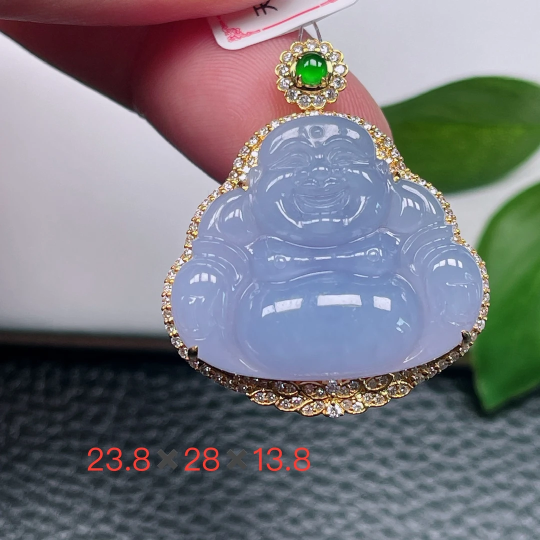 天然缅甸翡翠A货～冰糯种紫罗兰大肚佛公吊坠紫色玉佛笑佛玉挂件10