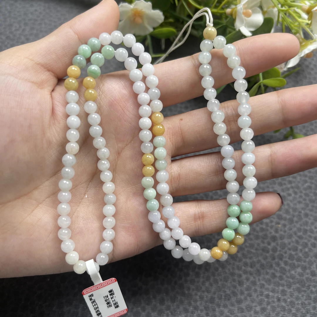 天然A货缅甸翡翠三彩小米珠卡5mm项链绳满珠多圈手链60厘米周长