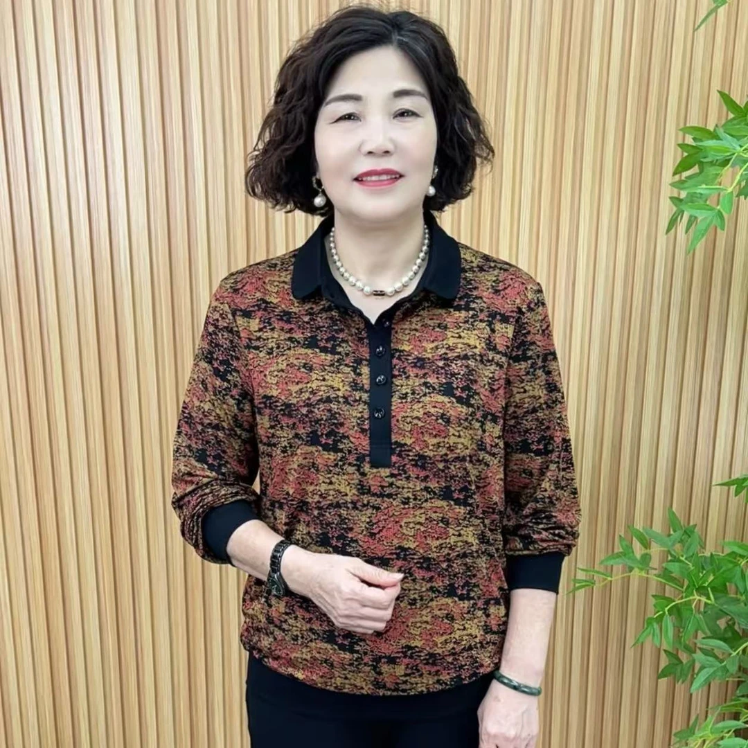 碎花长袖宽松型遮肚宽松长袖T恤中老年显瘦百搭时尚V1807