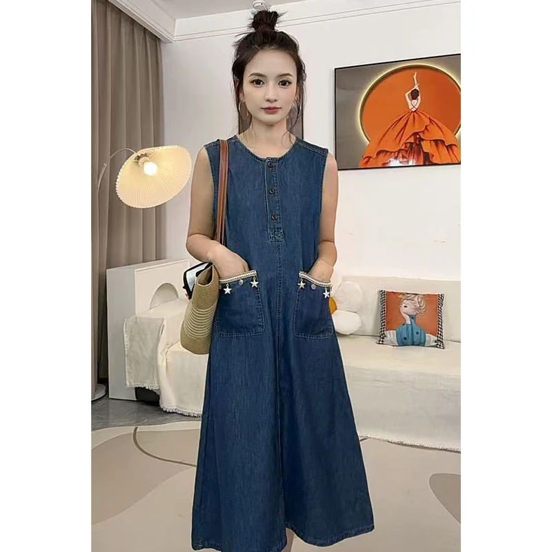 复古时尚牛仔背心裙女2025夏季新款宽松遮肉显瘦中长款无袖连衣裙
