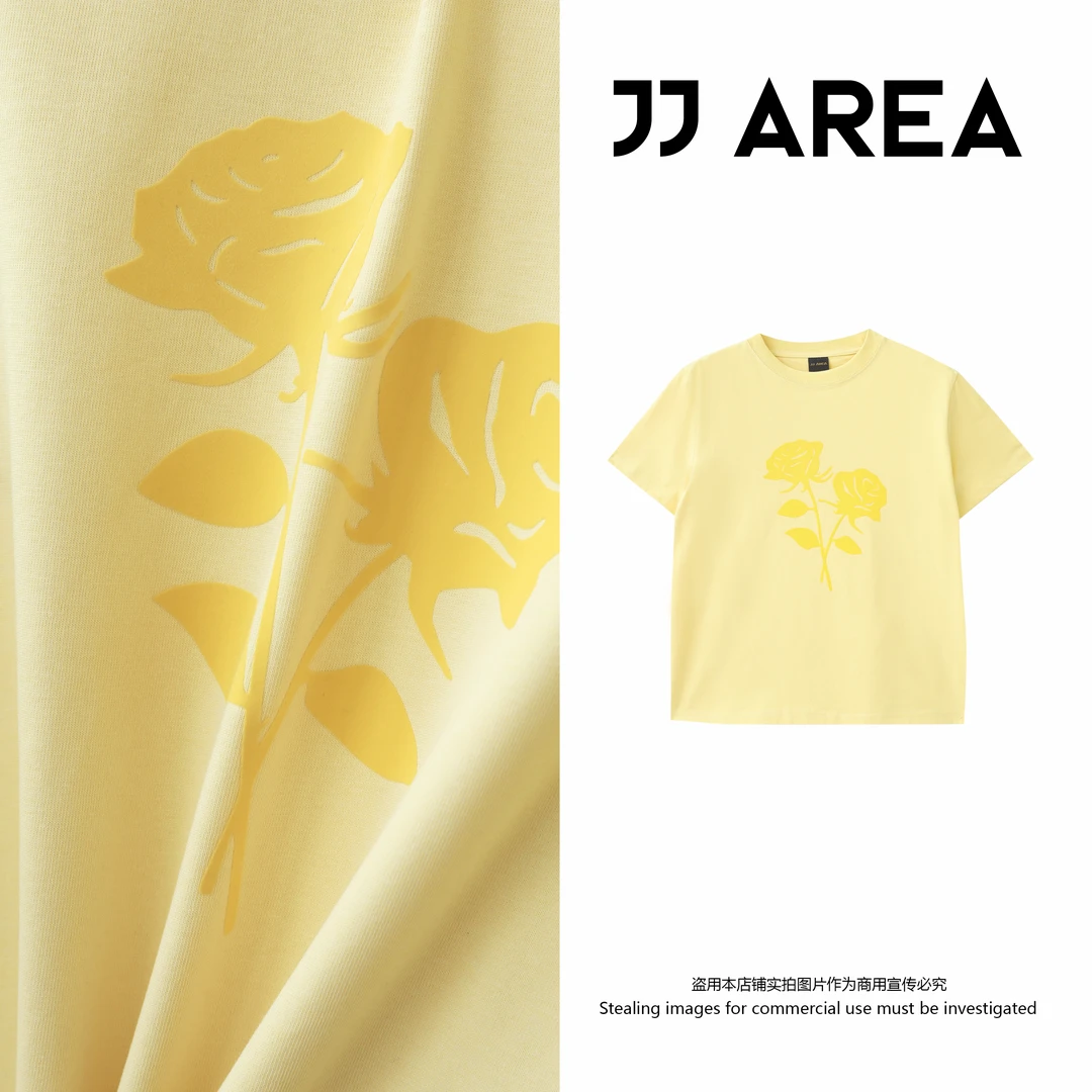 【JJ AREA】娇娇“手留余香”设计款植绒玫瑰印花短袖宽松T恤百搭上衣