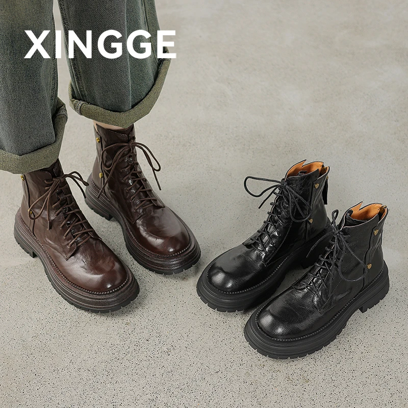 XINGGE/幸格英伦风马丁靴新款圆头系带高跟粗跟短靴女单靴女款