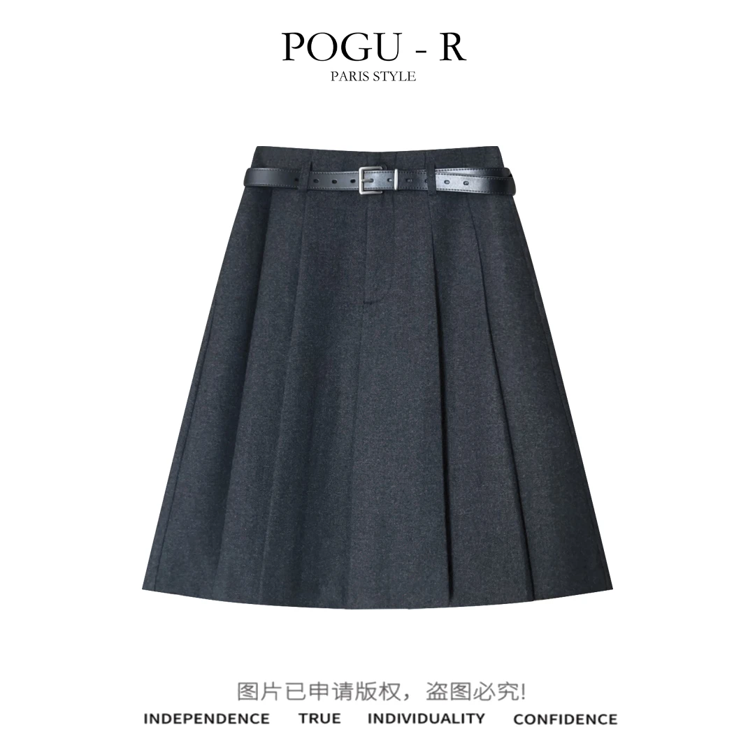 【PoGu】新品羊毛高腰显瘦气质百褶A字半身裙送皮带BSQ-973