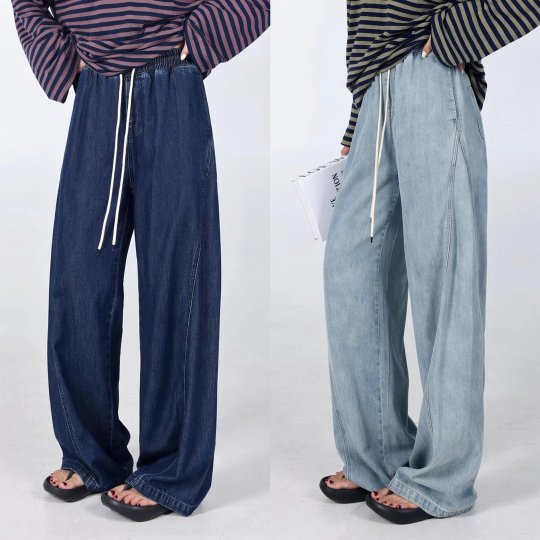 QC李潇洒【解构牛仔】微胖大码女早秋分割线休闲阔腿牛仔裤ZY405K49