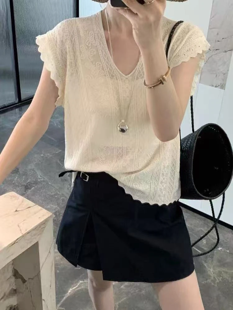 夏季新款韩版提花双排蝴蝶V领背心女士针织衫-BX225