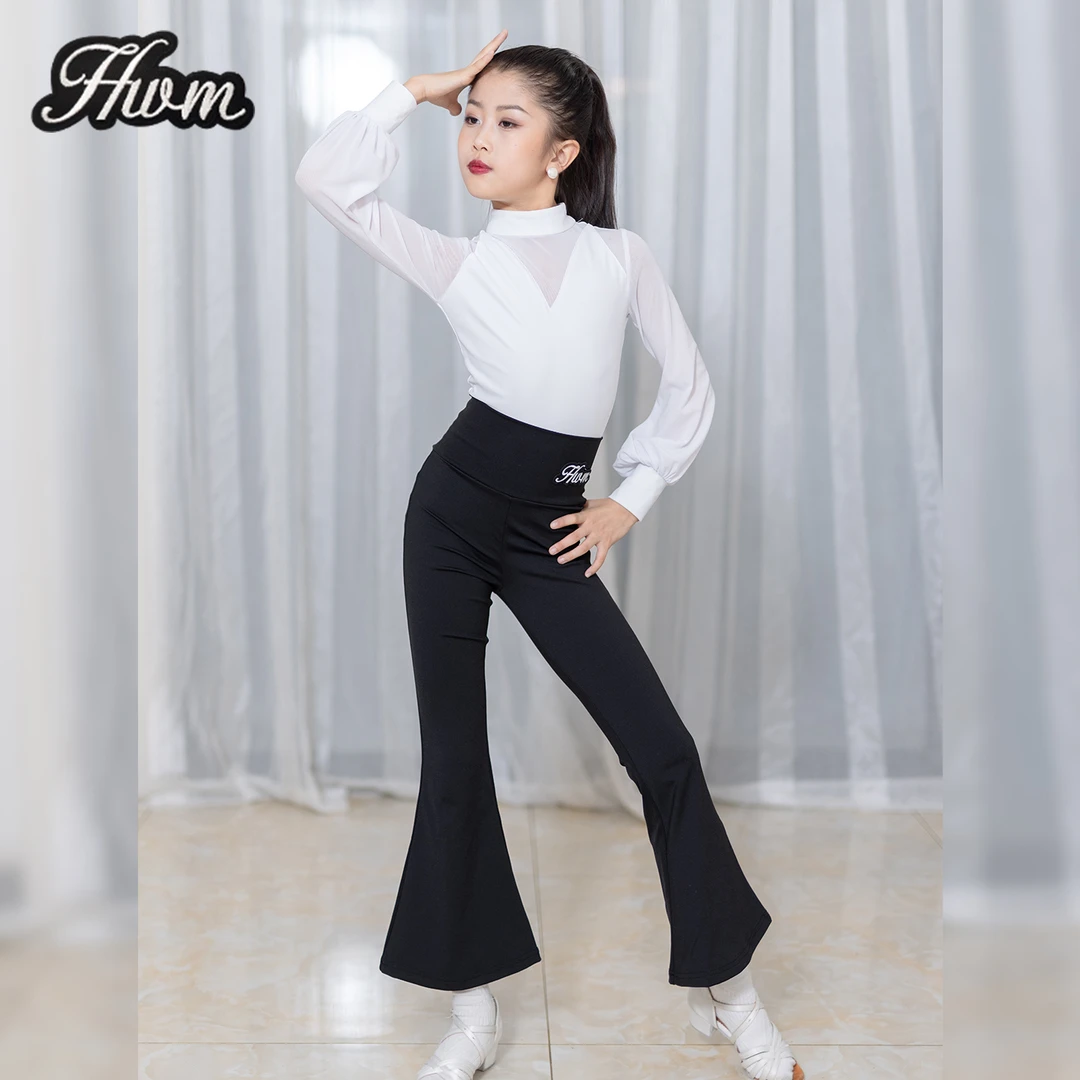 红舞魅秋冬新款女童拉丁舞练功服白色泡泡袖上衣黑色喇叭长裤套装