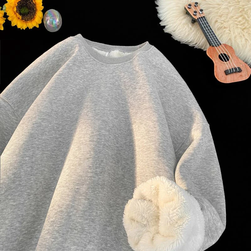 羊羔绒加厚圆领卫衣男女秋冬加绒保暖长袖外套oversiz内搭打底衫