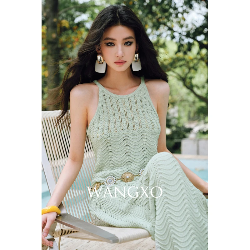 WANGXO法式钩花镂空针织吊带半裙套装  253337W