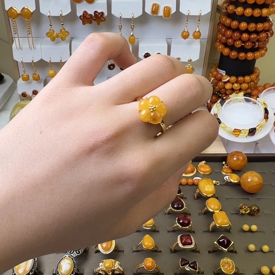 琥珀银S925镶嵌戒指精品小众花朵戒指