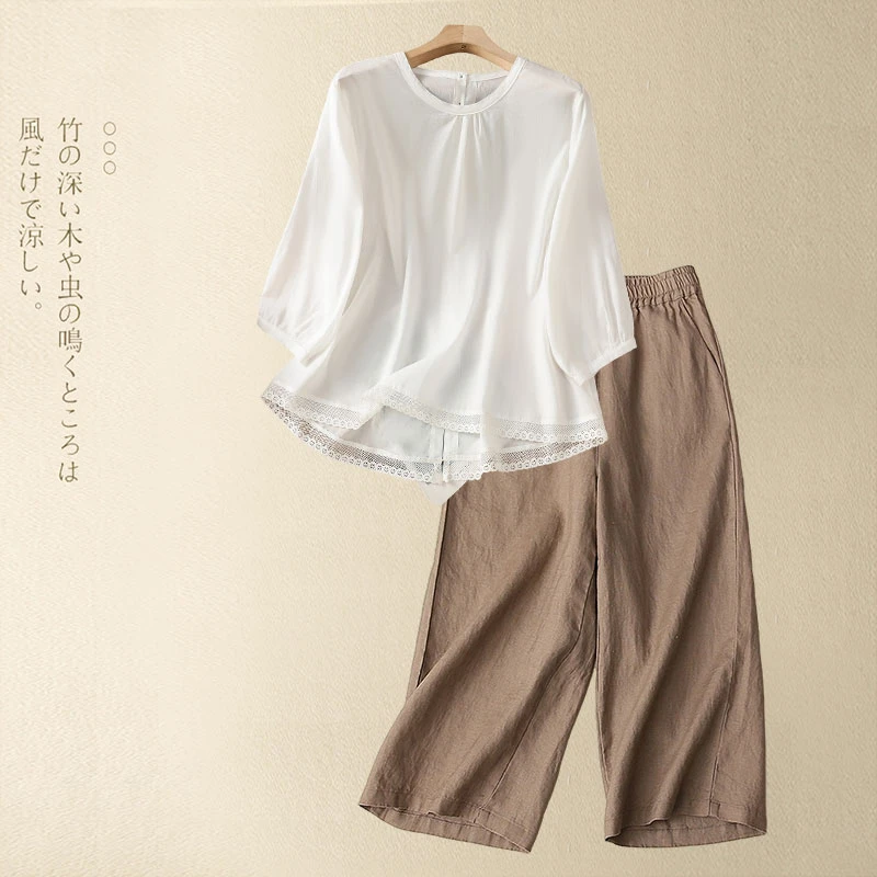 复古衬衫拼接蕾丝下摆衬衣纯色麻衫上衣加直筒裤高腰休闲裤两件套