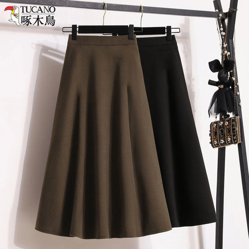 TUCANO/啄木鳥高腰中长款A字裙秋冬黑色半身裙韩版毛呢大摆伞裙子
