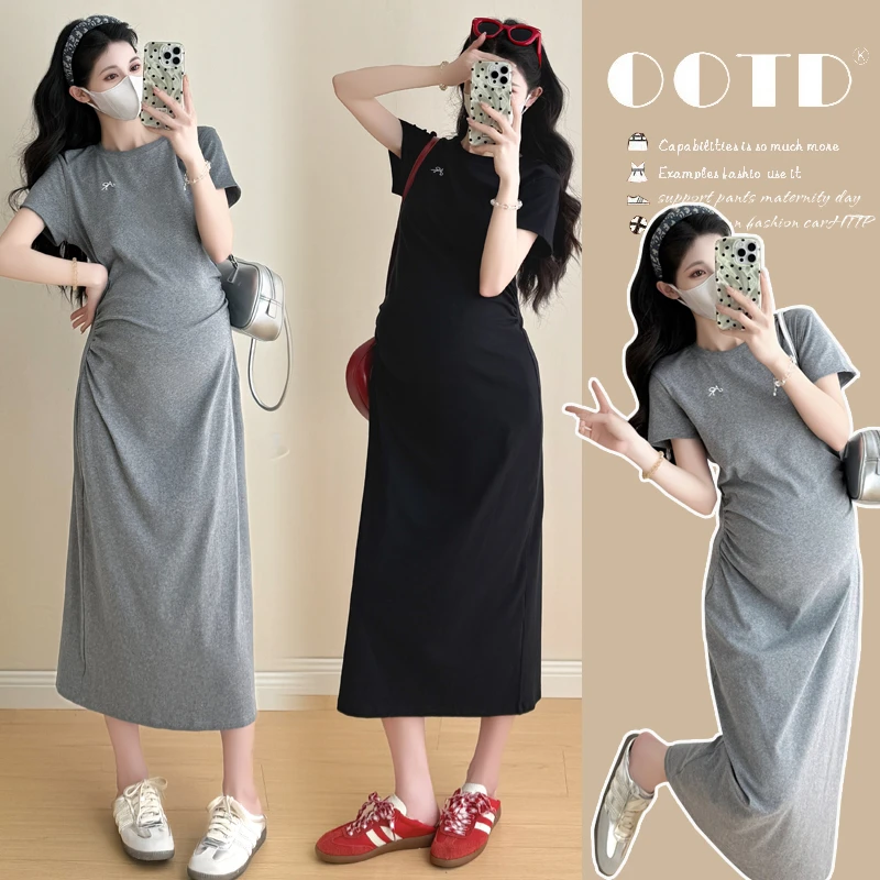 孕妇连衣裙夏季短袖显瘦设计感过膝2025新款修身中长裙夏孕期穿搭