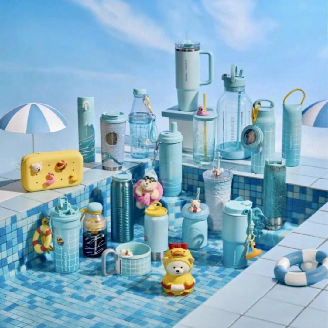 星巴克杯子2025快乐怡夏泳池蓝波纹渐变不锈钢随行保温陶瓷马克杯