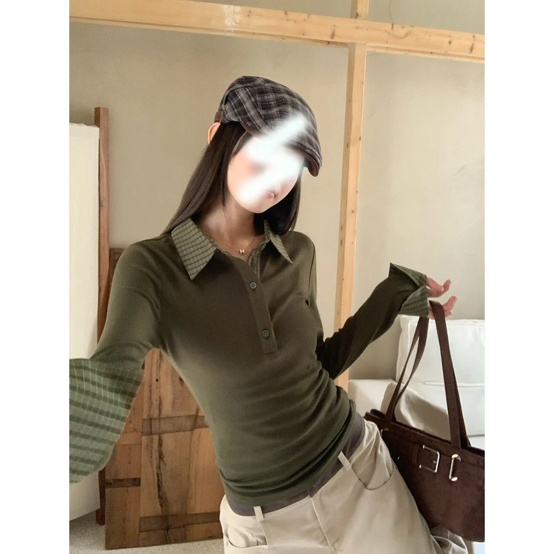 宋正恩9/2910:00上新【复古橄榄绿同色系拼格子设计polo领T】ZE7988