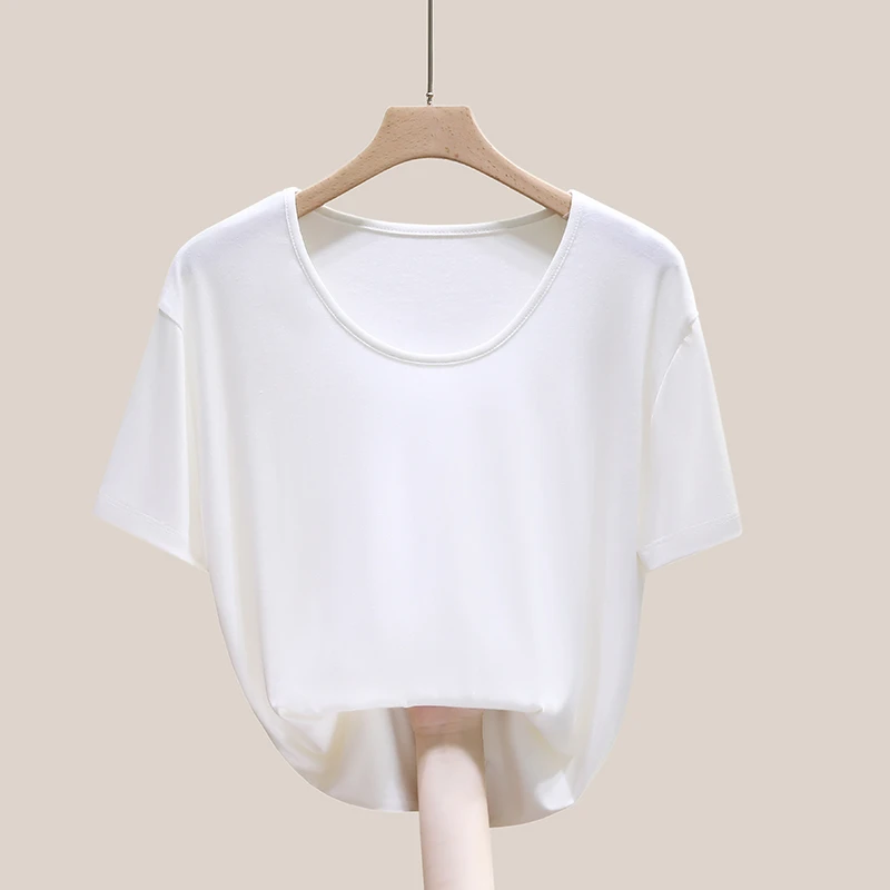 莫代尔短袖t恤女2025新款夏季U领纯色大领口打底面膜宽松大码上衣