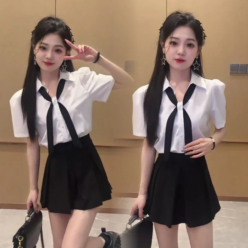 韩版宽松洋气百搭短袖V领配领带灰色衬衫高腰百褶半身裙学院风