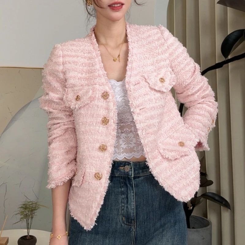 【甜心】25新款春秋V领高级感流苏蝴蝶纱千金美减龄小香风外套上衣