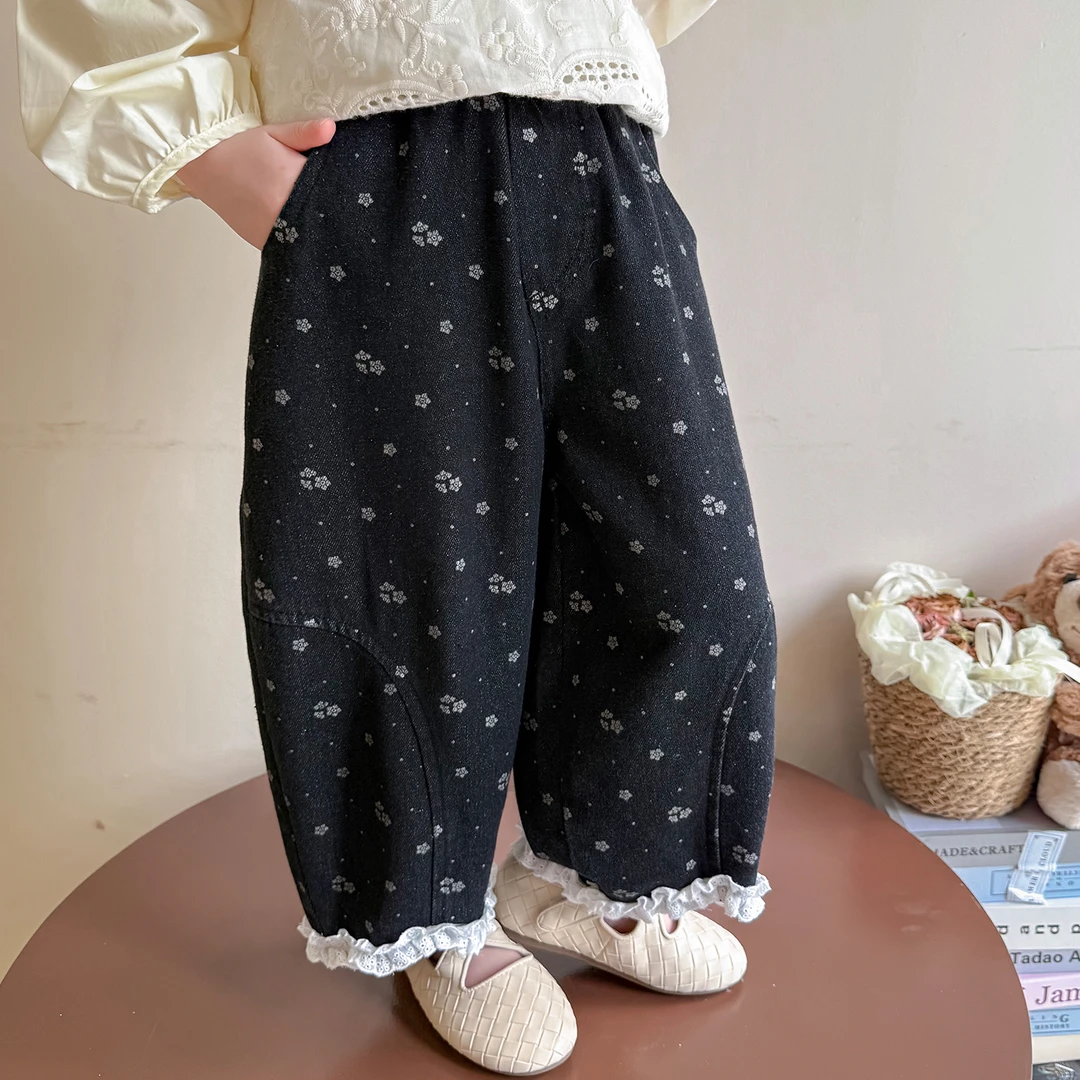 女童牛仔裤洋气儿童碎花弯刀裤宝宝休闲裤子小女孩春秋装2025新款