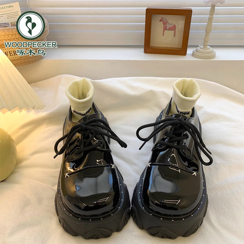 啄木鸟增高厚底大头鞋2025春季新款系带复古英伦风百搭小皮鞋女潮