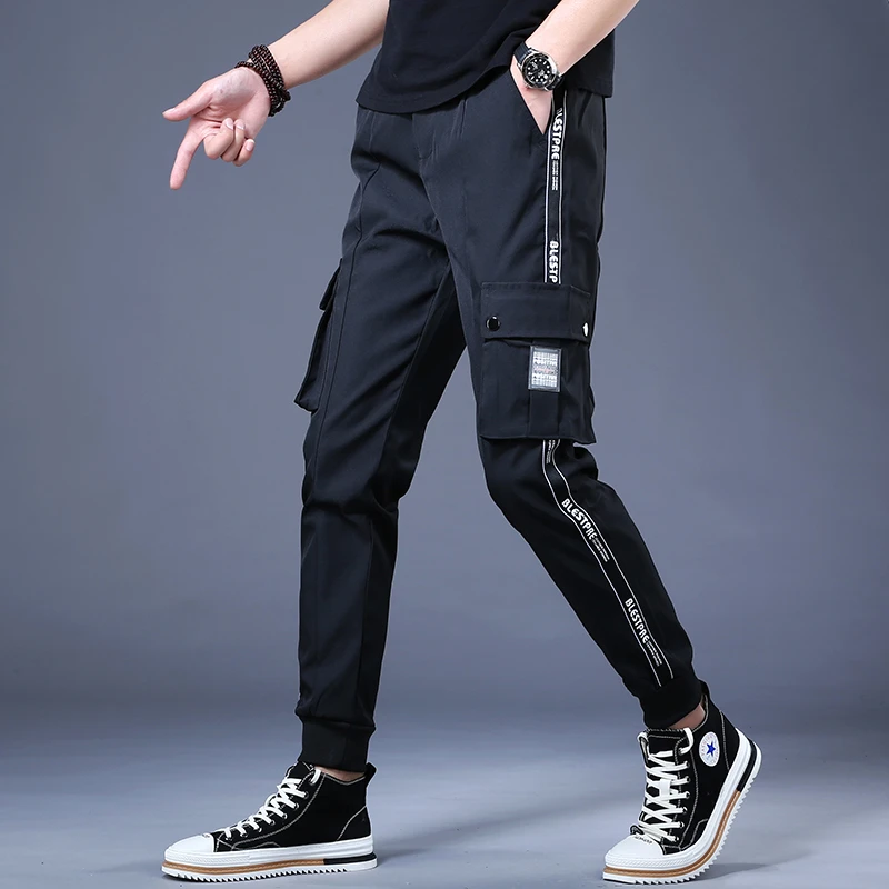 韩俊尼男士休闲卫裤条纹黑色显瘦系带束脚裤2025新款夏季潮牌百搭