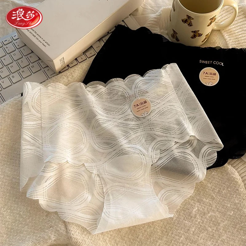 浪莎轻奢高级感性感网纱一片式无痕提花烫金字母透气中腰三角内裤