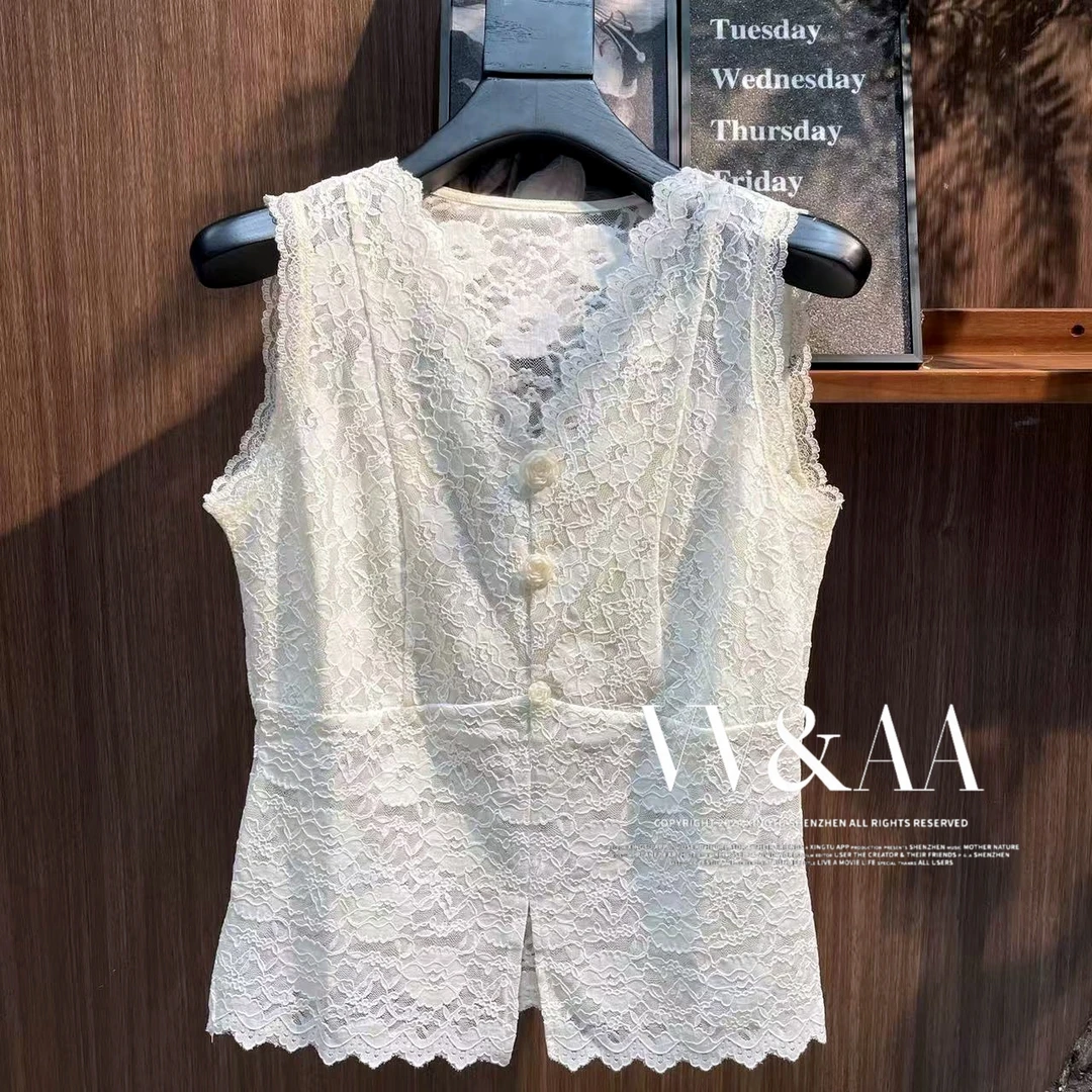 VV&AA 镂空V领蕾丝背心设计感可外穿无袖内搭 KI3844