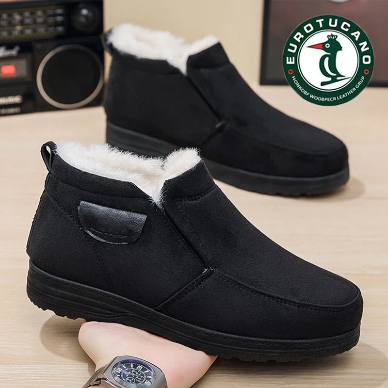 正品男鞋2025冬季新款保暖加绒棉鞋真皮软底软面休闲一脚蹬爸爸鞋