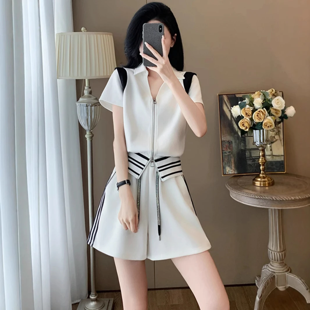 夏季新款欧洲站休闲运动套装女酷飒风白色短袖上衣短裤两件套