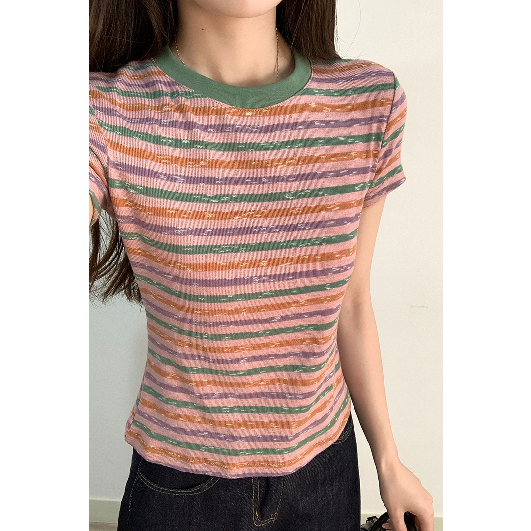 【T恤针织圆领修身夏季系列】多巴胺条纹正肩显瘦弹力时尚撞色短袖