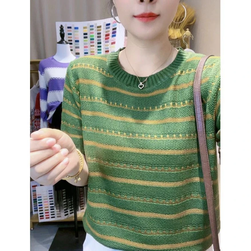 夏季条纹针织短袖轻薄透气冰感工艺显瘦圆领新款宽松上衣