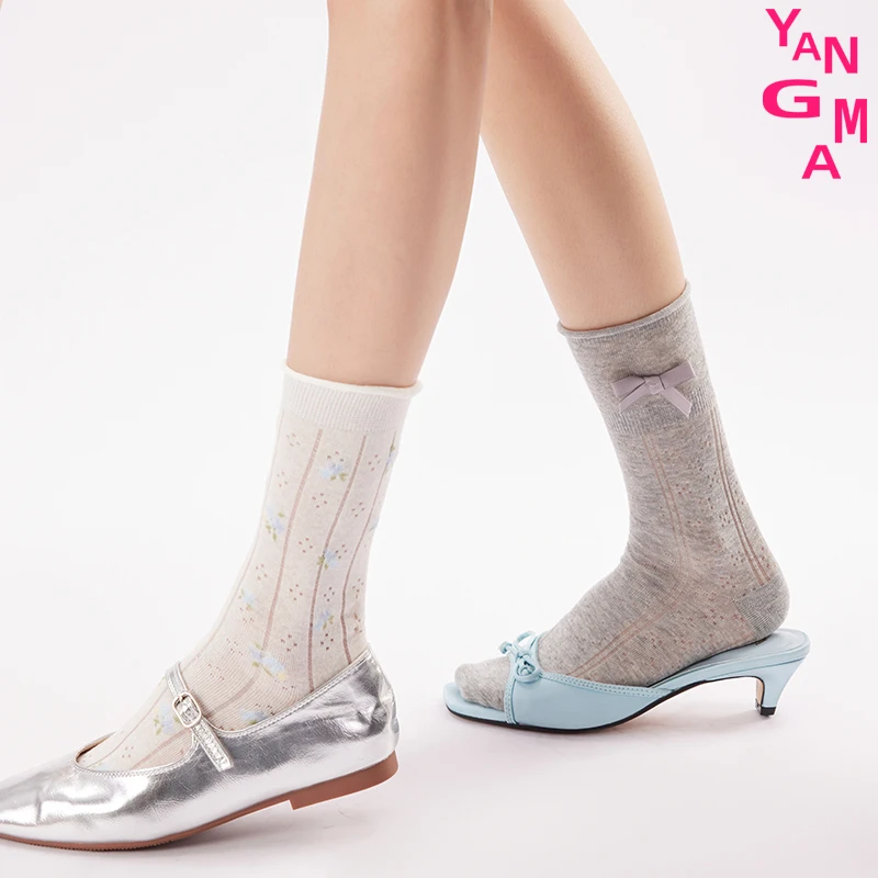 YANGMA花边袜子女夏季薄款中筒袜碎花蝴蝶结堆堆袜棉袜50426