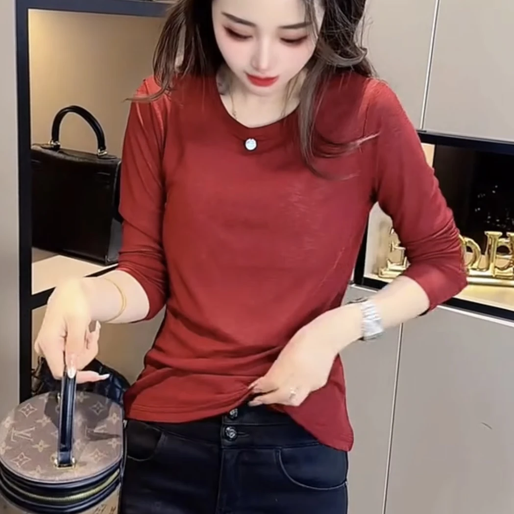 纯色长袖圆领常规T恤春夏新款ins时尚打底衫网红内搭