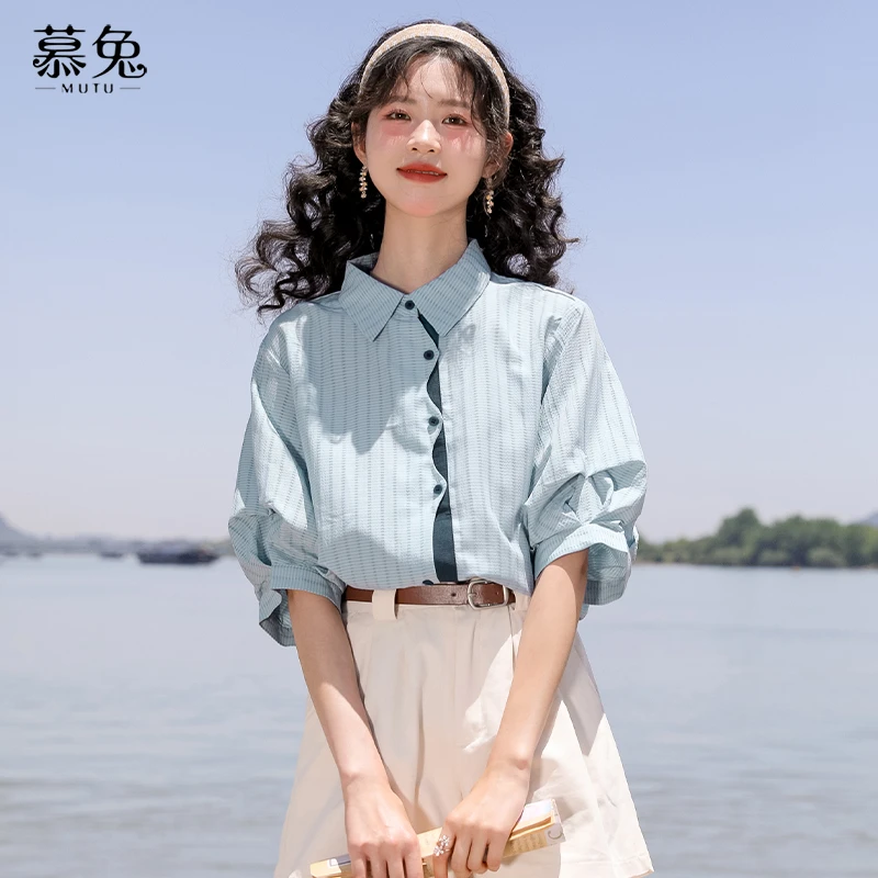 法式蓝色褶皱短袖衬衫独特设计感小众条纹上衣TU18592