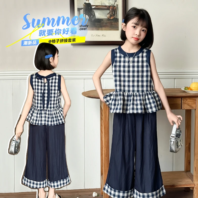 2025女童夏季格子阔腿裤套装韩系时髦女孩洋气无袖九分裤两件套潮