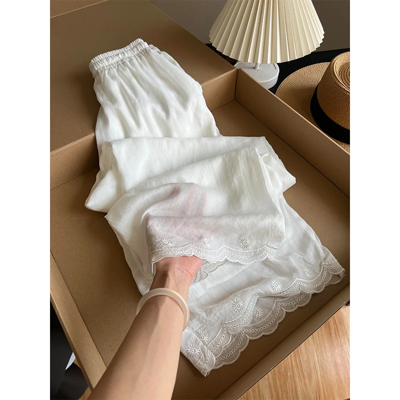 【纯色蕾丝边】法式休闲高腰遛弯裤女款夏季亲肤睡裤宽松长裤可外穿