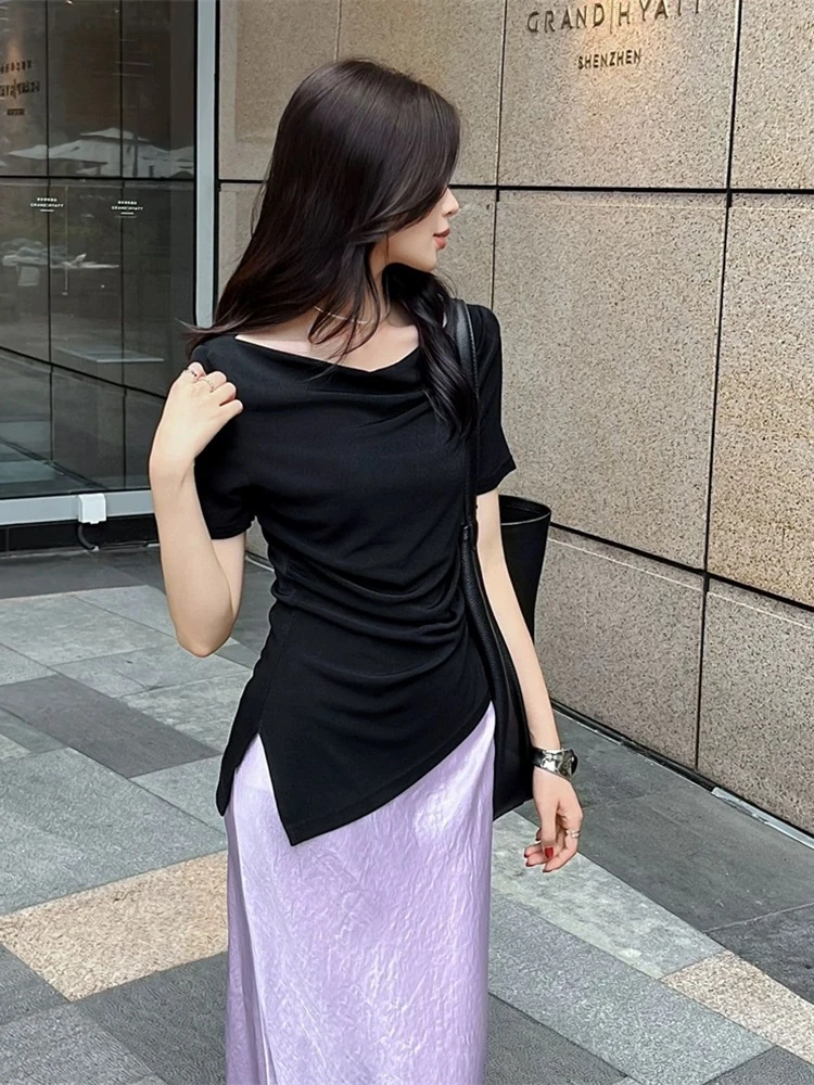 A003黑色一字领抽绳T恤常规常规款叛逆风收腰吸汗韩版