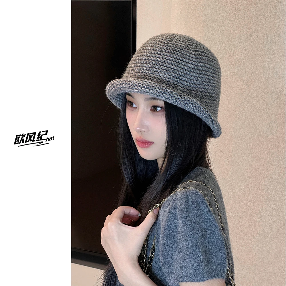 秋冬保暖百搭显瘦手工毛线渔夫帽子女卷边不规则前长后短针织盆帽